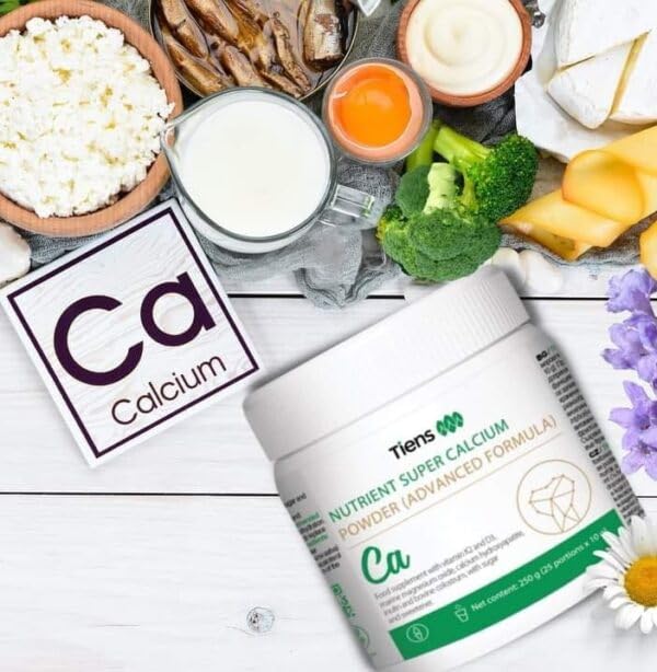 TIENS Nutrient Super Calcium Powder bone health graphic illustrating skeletal support
