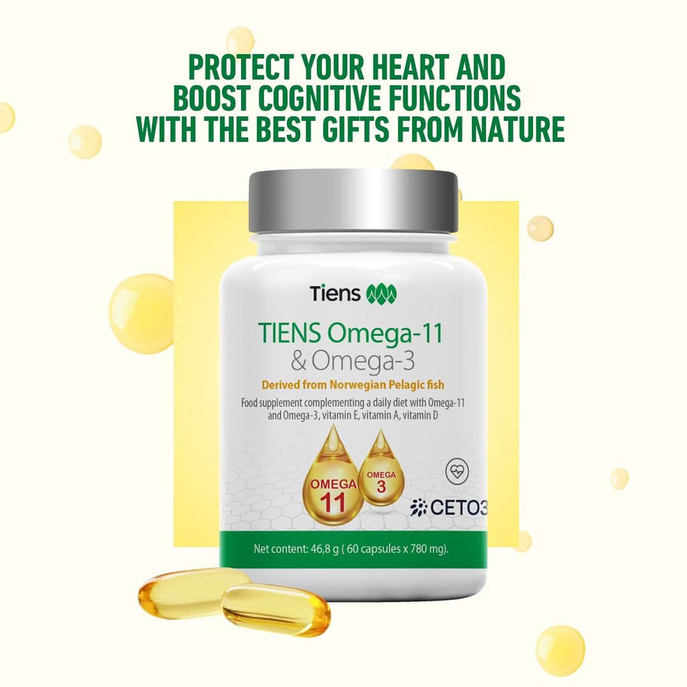 Tiens Omega 3 & 11 bottle nutrition panel visible