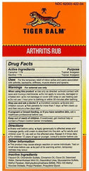 Close-up of Tiger Balm Arthritis Rub label showing ingredients.