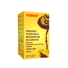 Tigerus Tiger Milk Mushroom bottle shows convenient daily vegan capsules for respiratory balance.