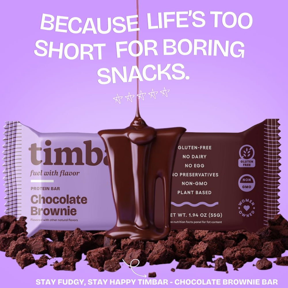TIMBAR bar featuring almond butter and pea protein highlights clean ingredients.