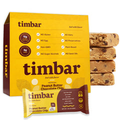 TIMBAR peanut butter chocolate chip bar pack front—gluten-free protein snack with 15g protein.
