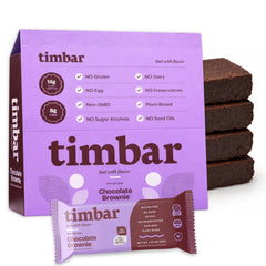 TIMBAR Chocolate Brownie bar close-up showing rich cocoa and chips for a satisfying snack.