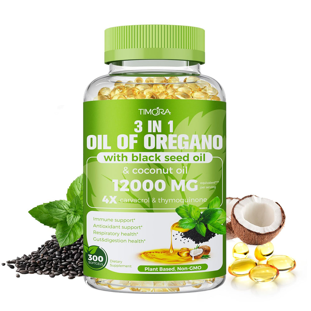 TIMORA oregano softgels bottle, easy-to-swallow capsules for daily wellness.