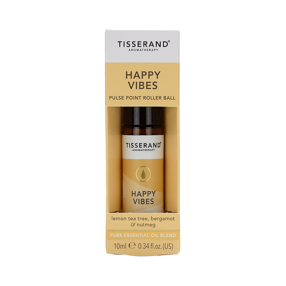 Tisserand Happy Vibes bottle open reveals roll-on applicator ready to use.