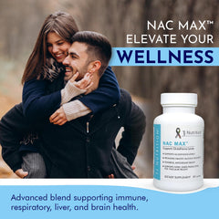 TJ Nutrition NAC MAX label close-up emphasizing antioxidant blend for daily use
