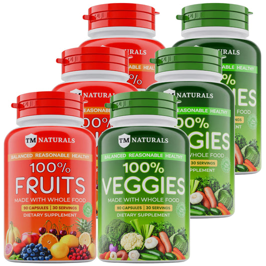 TM NATURALS fruit and veggies supplement bottle shown for daily wellness support