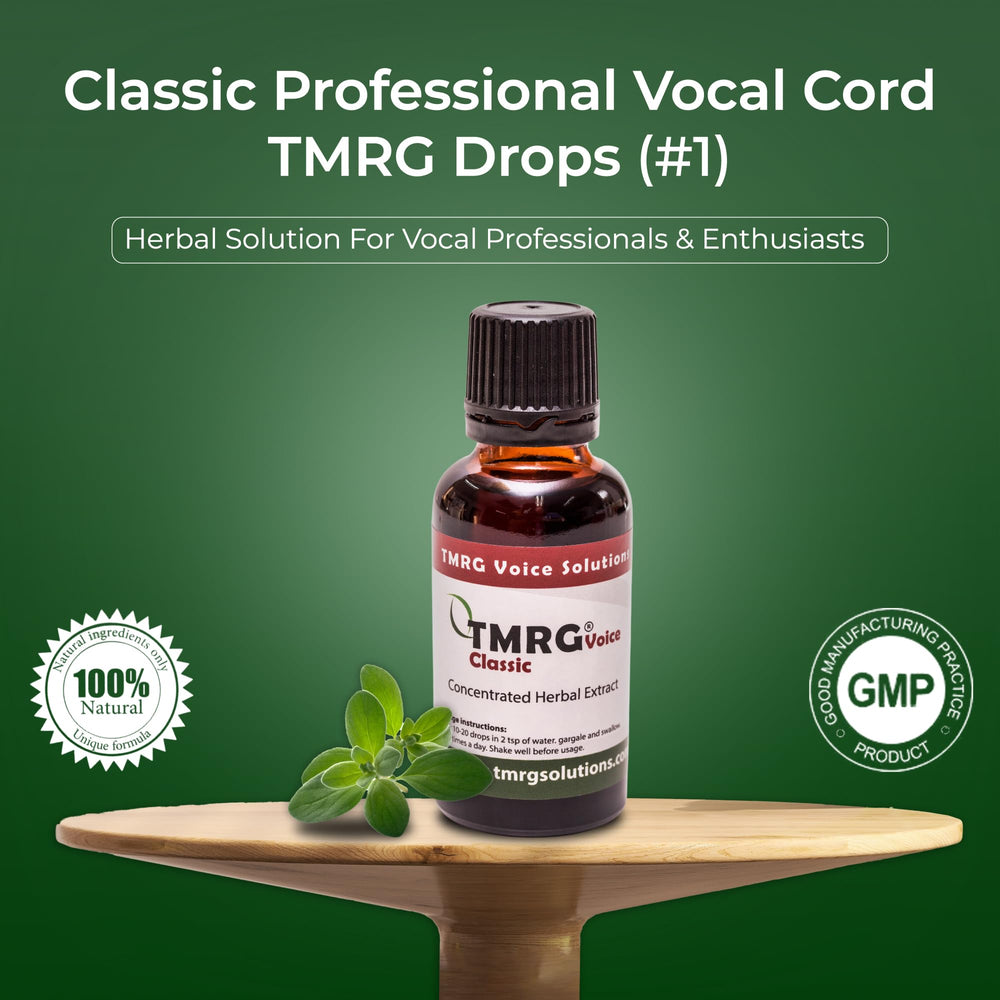 TMRG drops with dropper for precise dosing to soothe vocal fatigue.