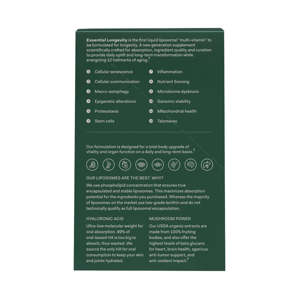 TMW Essential Longevity liposomal blend close-up showing premium absorption.