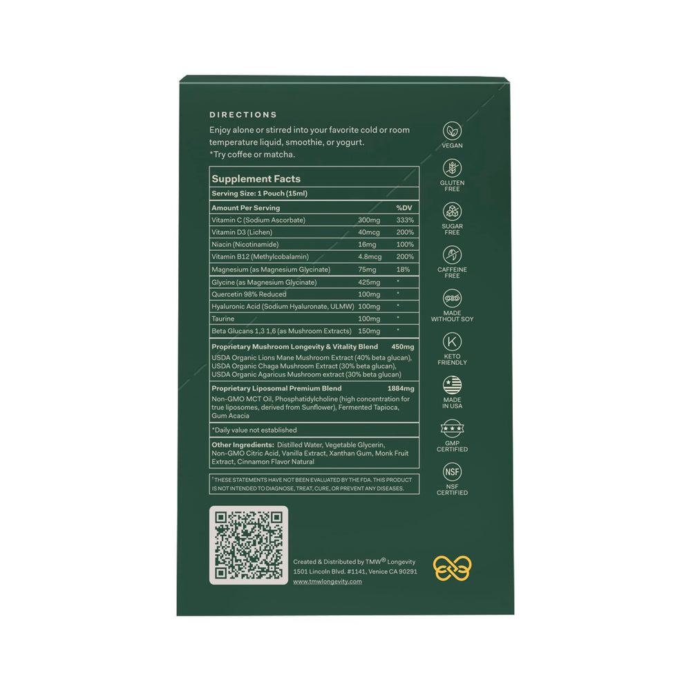 TMW Essential Longevity mushroom extracts label highlights organic ingredients.