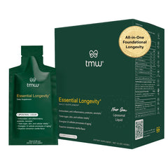 TMW Essential Longevity sachets on a tray signaling daily vitality.