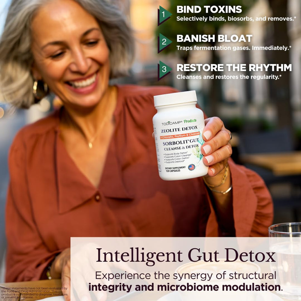 TODICAMP Sorbolit activated charcoal capsules for bloating relief and gut comfort.
