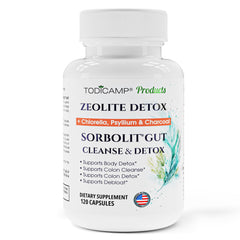 TODICAMP Sorbolit zeolite detox bottle demonstrates a mineral-based cleanse for gentle waste capture.