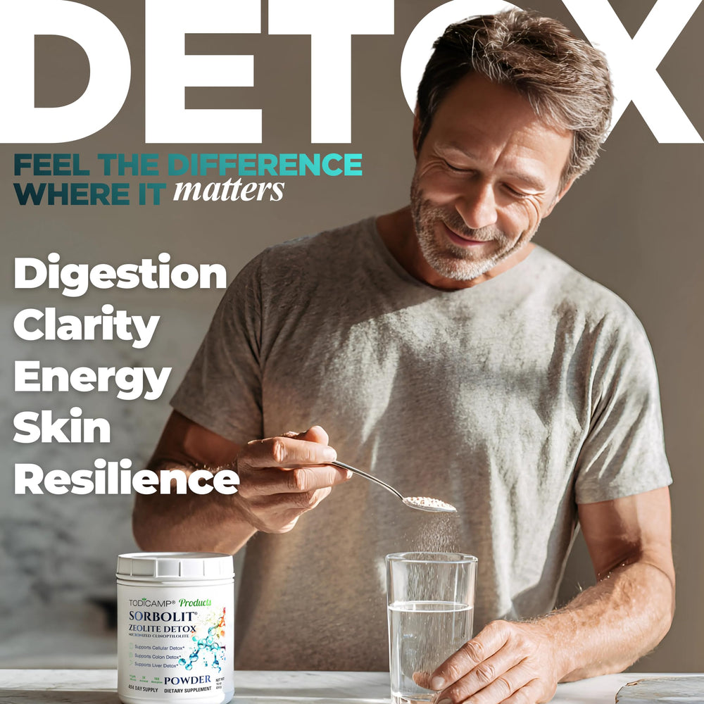 TODICAMP Zeolite Detox packaging front emphasizes premium purity and safety.