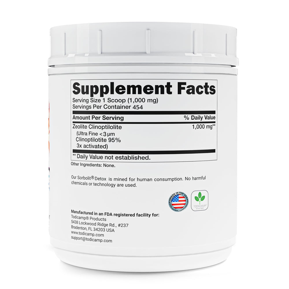 Todicamp Zeolite Detox pour showing simple dosing for gut and liver care.