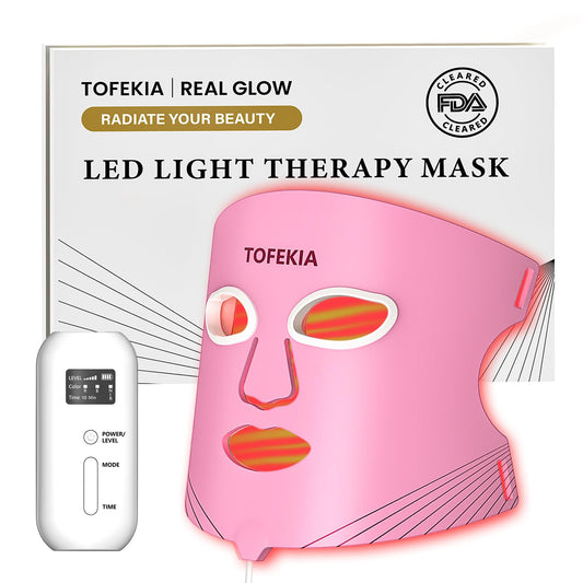 TOFEKIA red light mask on face for balanced complexion and acne support.