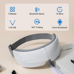 TOLOCO Eye Massager modes and Bluetooth image conveys personalized relaxation with music support.