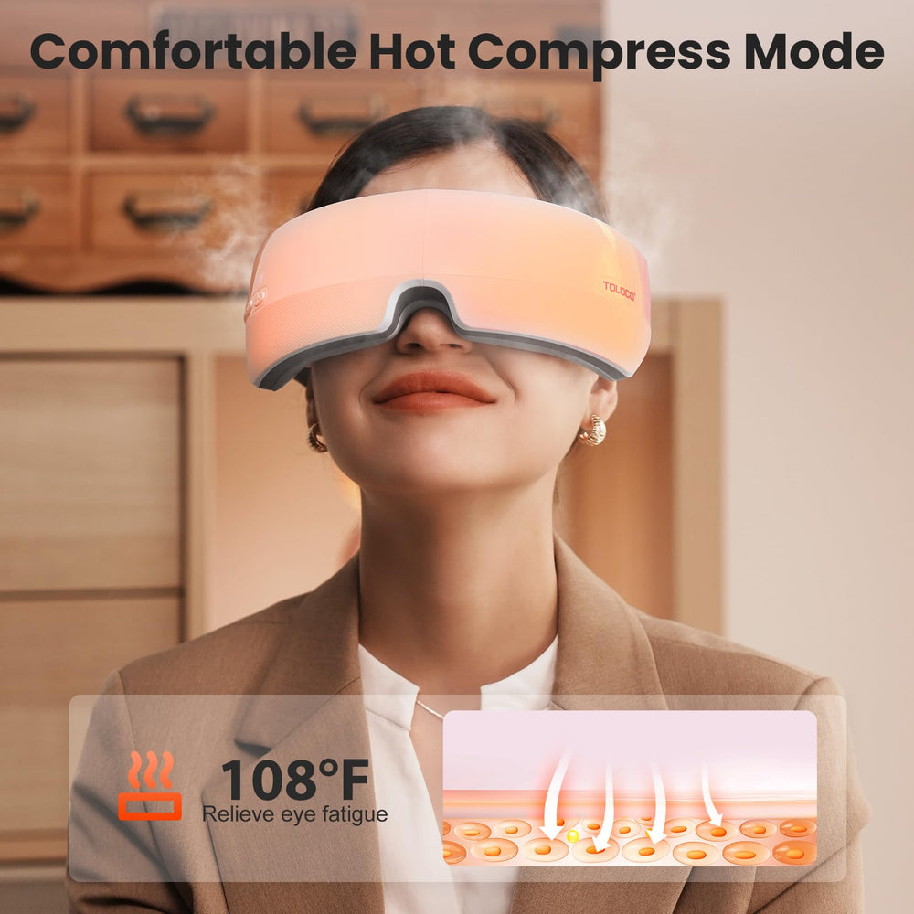 TOLOCO Eye Massager warm therapy at 108F demonstrates soothing heat for tired eyes.