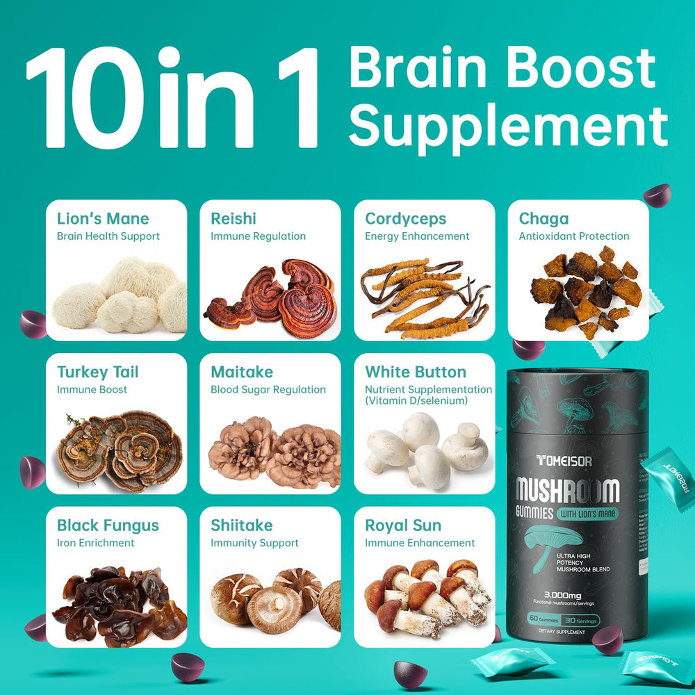 TOMEISOR Lions Mane Gummies packaging front highlighting 10-in-1 blend.