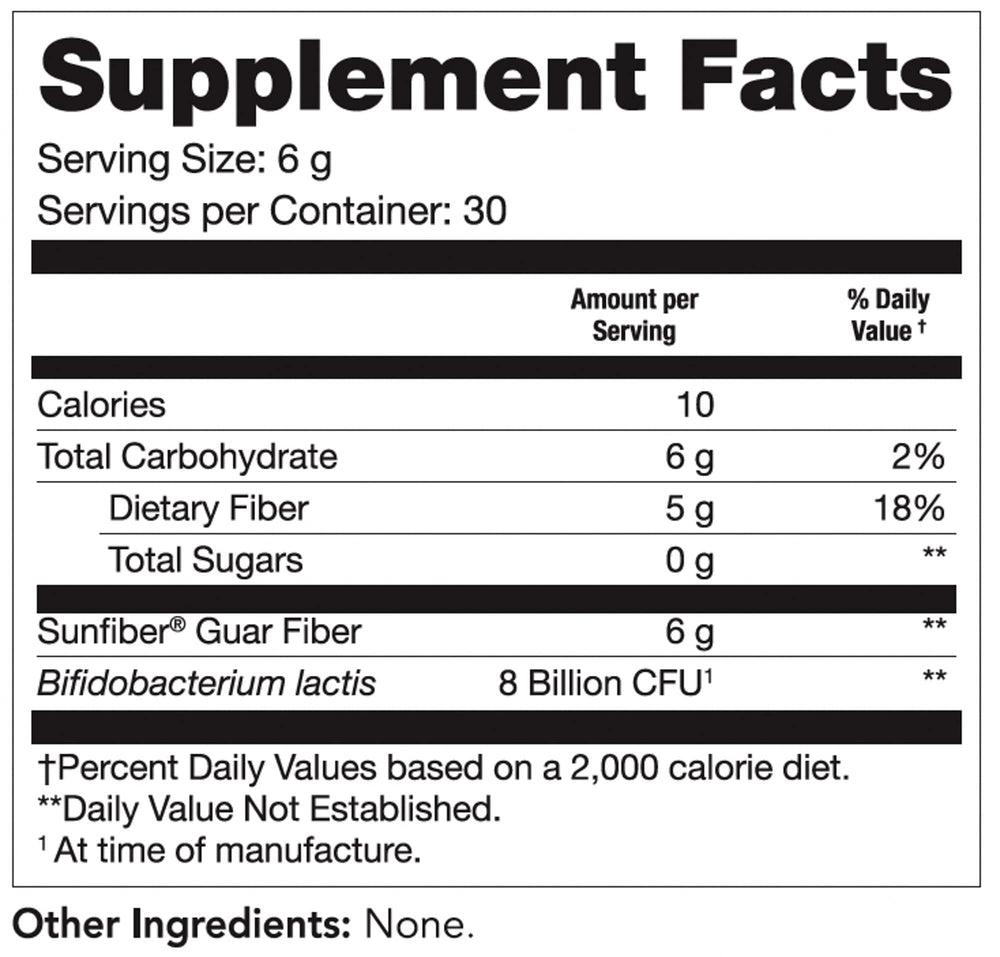 Sunfiber GI bottle showing 5g prebiotic fiber and 8B probiotics.