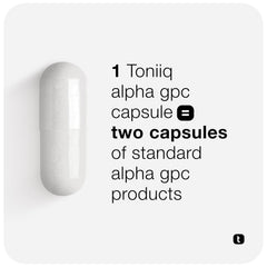 Toniiq Alpha GPC bottle label showing 90%+ purity and strong absorption