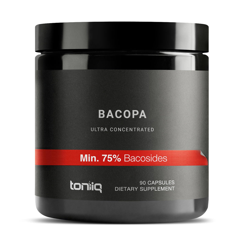 Toniiq Bacopa bottle front displaying premium high-potency formula for potential cognitive support.