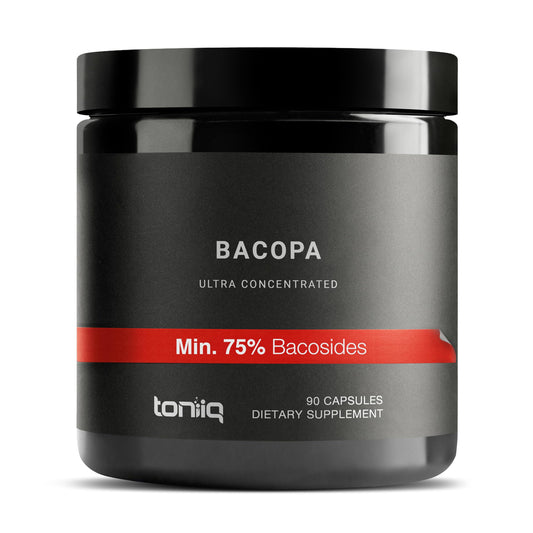 Toniiq Bacopa bottle front displaying premium high-potency formula for potential cognitive support.