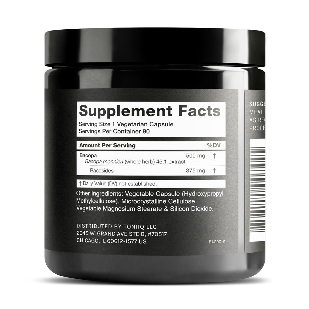 Toniiq Bacopa capsules closeup highlighting 500 mg potency and bacoside content.