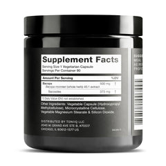 Toniiq Bacopa capsules closeup highlighting 500 mg potency and bacoside content.
