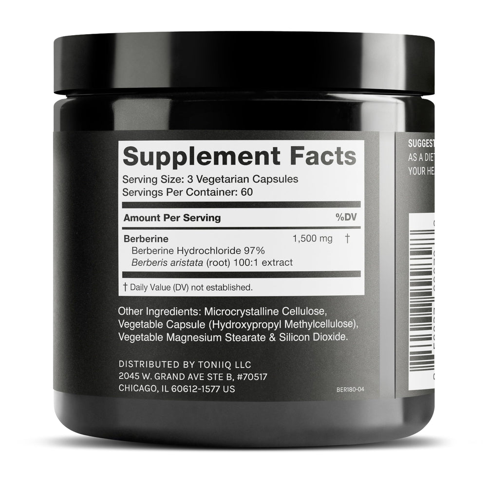 Toniiq Berberine HCl 97% purity jar emphasizes standardized potency and reliability