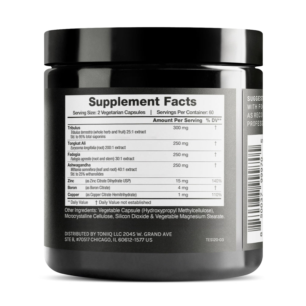 Toniiq Elite T Formula capsules close-up suggesting high-potency tribulus for athletic support.