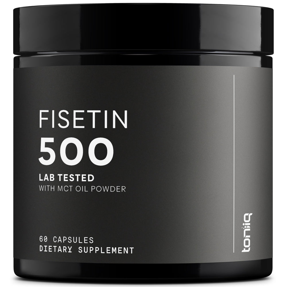 Toniiq Fisetin 500mg capsules on a bottle, highlighting high purity for daily use