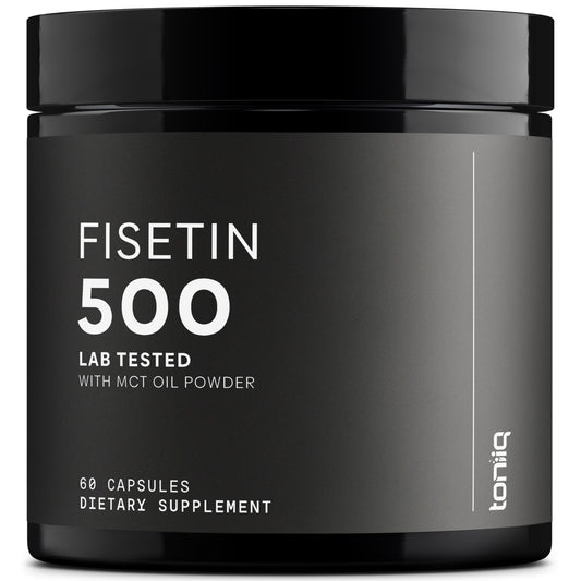 Toniiq Fisetin 500mg capsules on a bottle, highlighting high purity for daily use