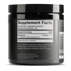 Toniiq Glutathione 98%+ purity label close-up showing quality