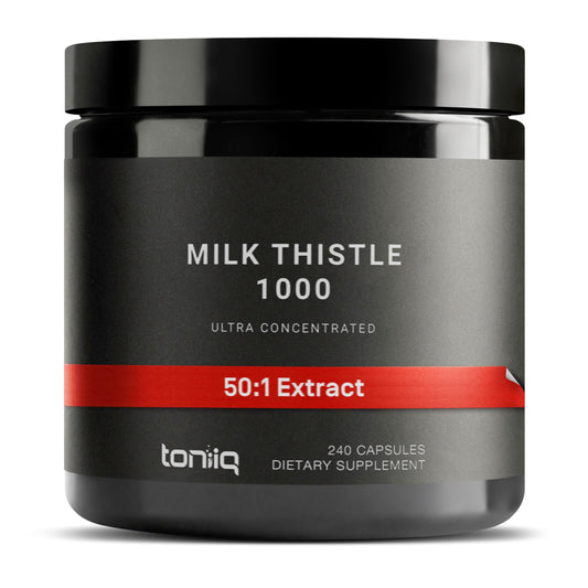 Toniiq Milk Thistle bottle front view highlighting high potency and extract ratio
