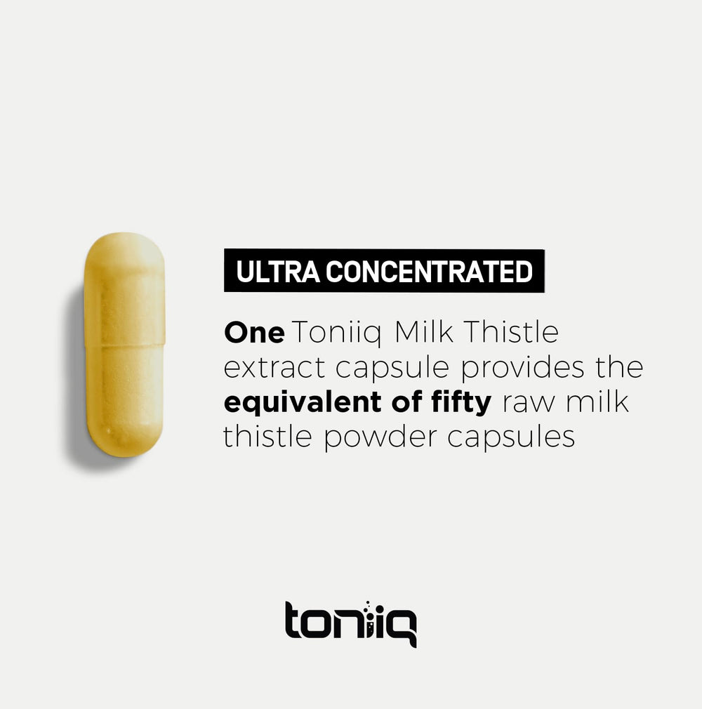 Toniiq Milk Thistle label closeup emphasizing 50:1 extract ratio and ethical sourcing