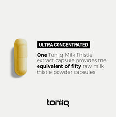 Toniiq Milk Thistle label closeup emphasizing 50:1 extract ratio and ethical sourcing