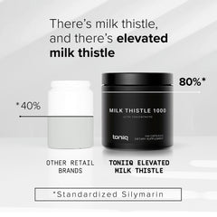 Toniiq Milk Thistle capsules closeup revealing 1000 mg per capsule and silymarin content