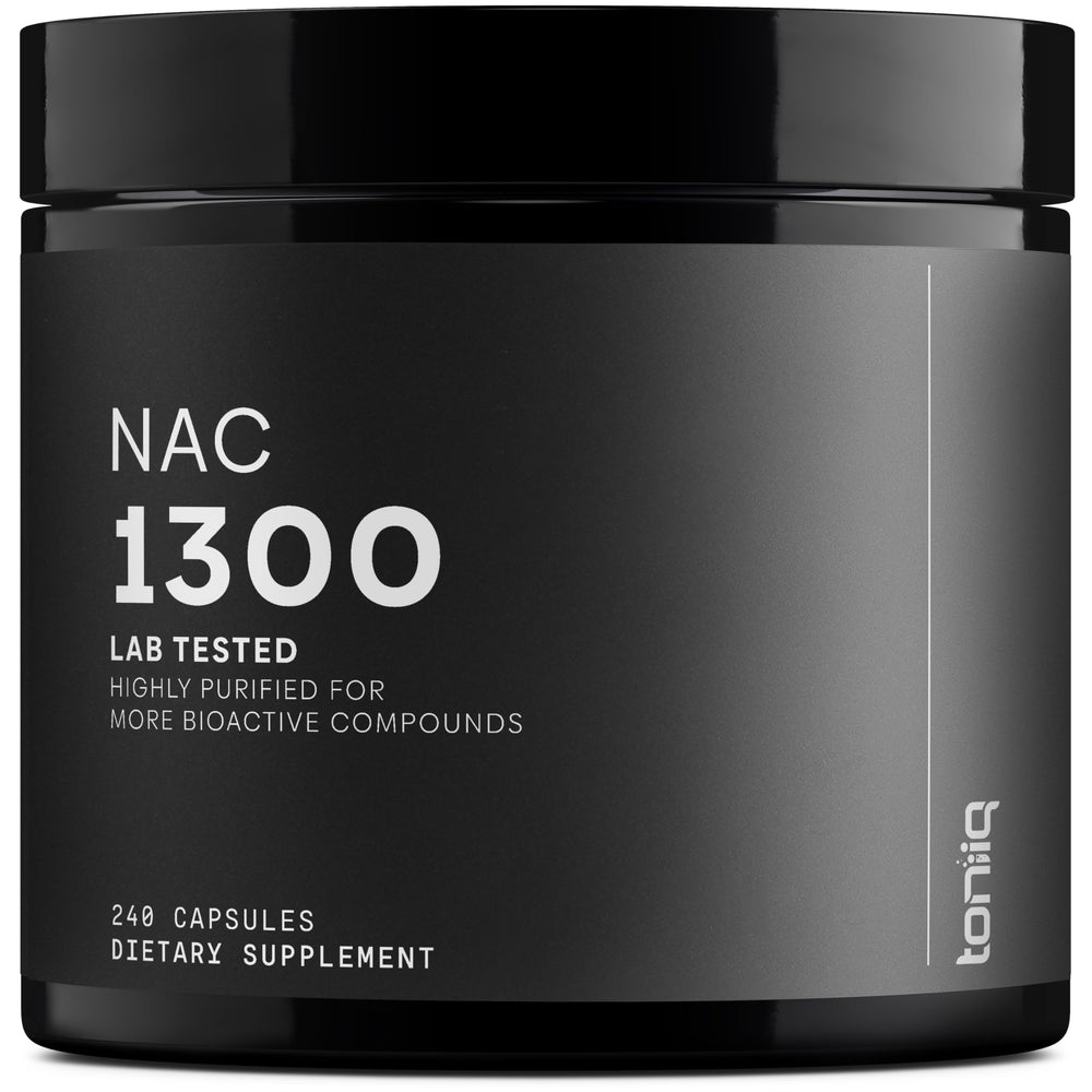 Toniiq NAC 1300mg bottle with high-potency supplement for daily antioxidant support.