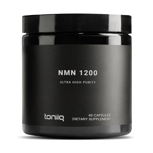 Toniiq NMN 1200mg capsules in bottle; potential support for cellular energy.