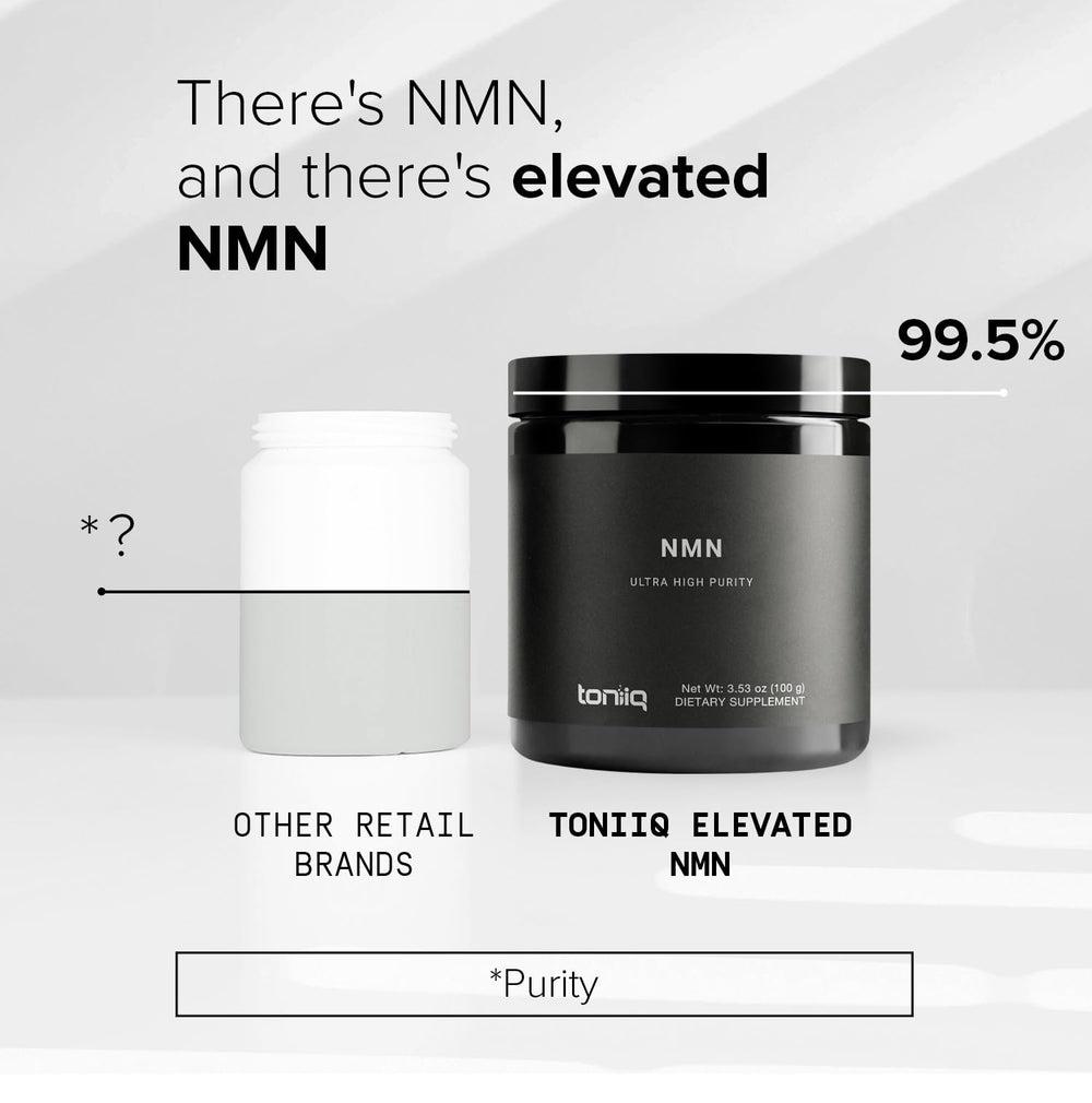Toniiq NMN powder dark sealed container protects from moisture and light.