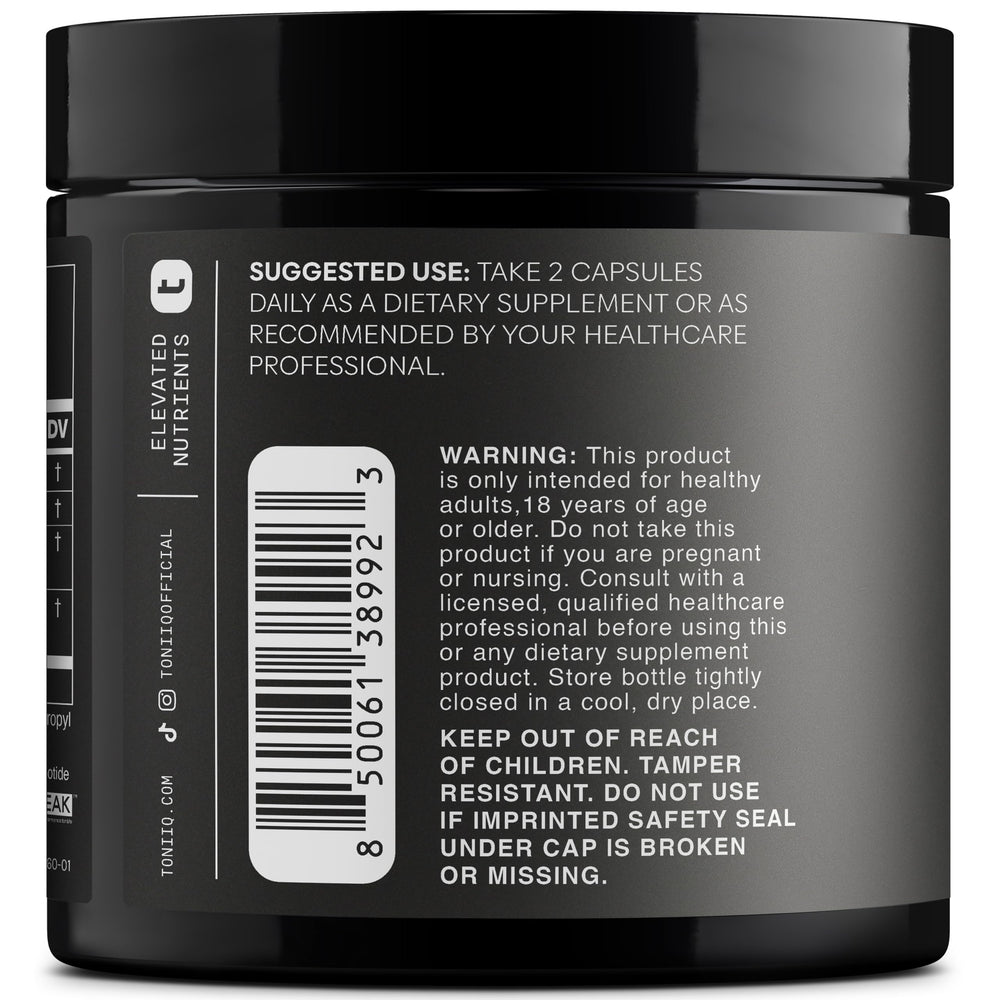 Toniiq NMNH bottle front label shows purity and third-party verification.