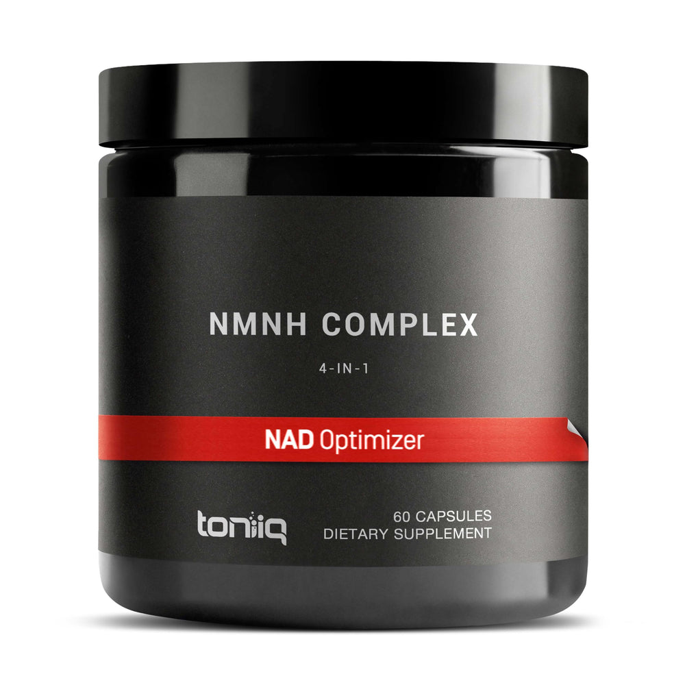 Toniiq NMNH supplement bottle close-up highlights high potency for daily wellness.