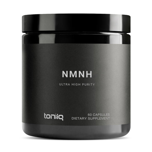 Toniiq NMNH supplement bottle shows premium packaging for NAD+ support.