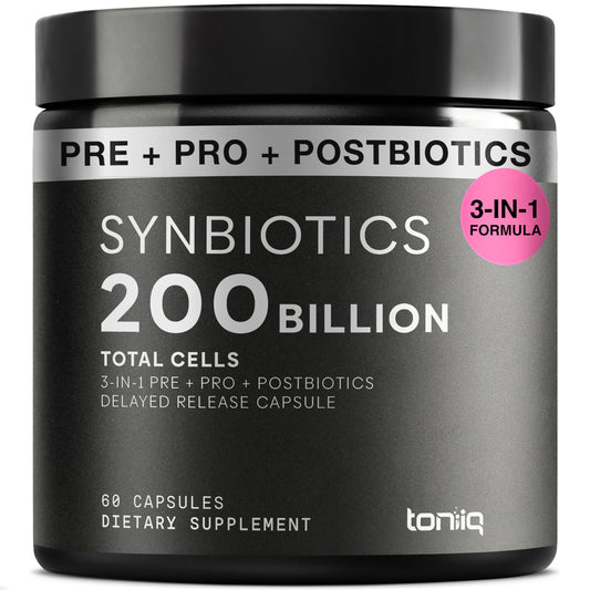 Toniiq Prebiotics-Probiotics bottle label for shelf-stable gut balance.