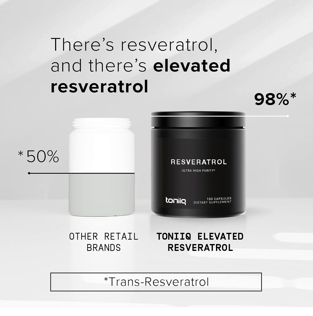 Toniiq Resveratrol label noting 98 percent standardized trans resveratrol purity