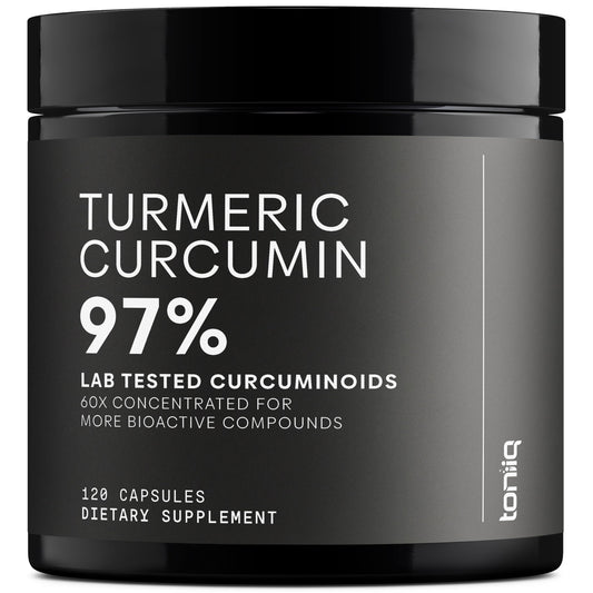 Toniiq Turmeric Curcumin 60:1 extract bottle for potent daily capsules.