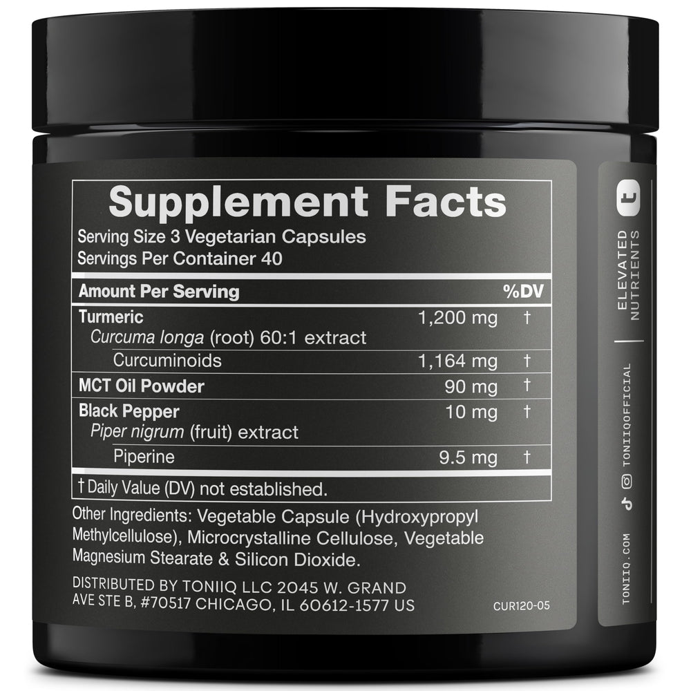 Toniiq Turmeric Curcumin 97% curcuminoids label indicating high potency.