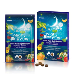 TOP GREATS Night Enzyme bottle back highlights ingredients and probiotic blend.