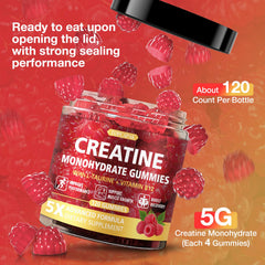 TOPCAPAK Creatine Gummies raspberry flavor closeup conveys convenient daily pick-me-up.